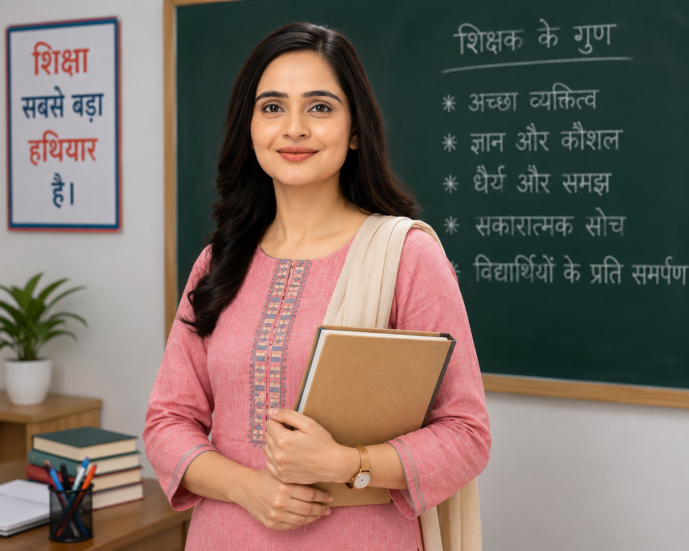 Indian female teacher using laptop and documents